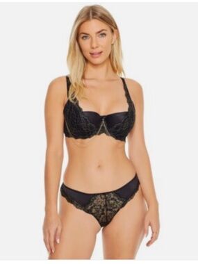Pour Moi Black Lace Underwire Bra with Satin Cups and Gold-tone Chains
